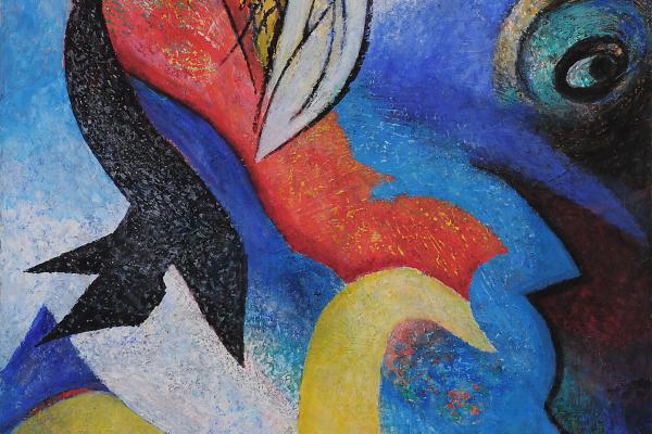 Mal Vogel mal Fisch, Acryl auf Leinen, 80 x 100 cm, 1997